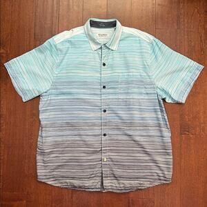 Tommy Bahama Aqua and Blue Striped Tencel and CoolMax Polyester Shirt, Size XL